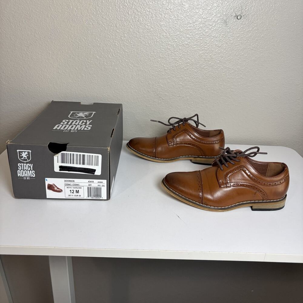 Stacy Adams Dickinson Kids Size 12 M Oxford Cap Toe Cognac Dress Shoes Boy